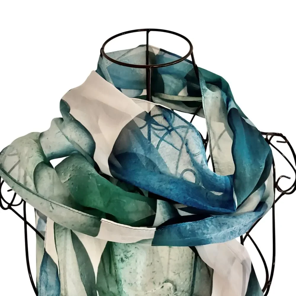 Josie Iselin Sea Glass Art Print Long Chiffon Scarf Wrap Glam Coastal 13 x 68